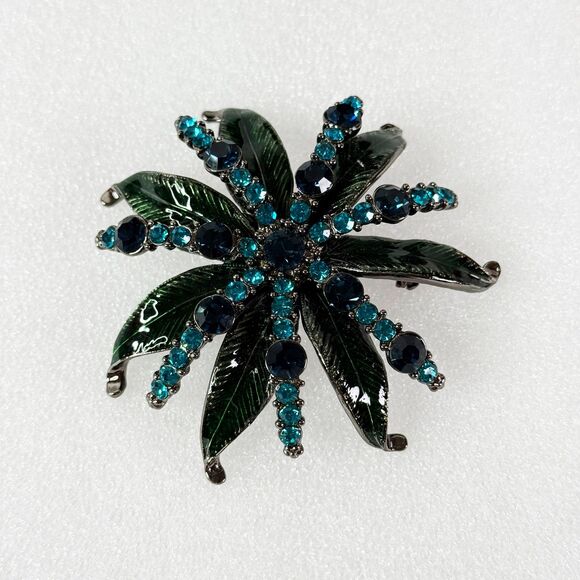 Vintage | Dark Blue Teal Dark Green Rhinestone Flower Brooch Pin - Picture 4 of 5